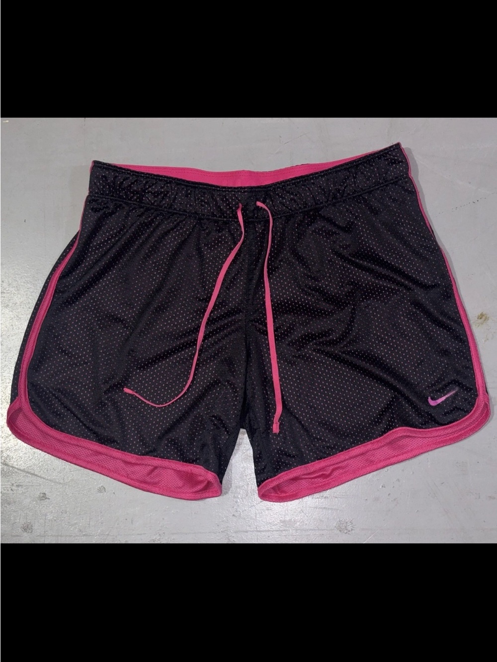 Nike Dri-Fit Fold Over Waist Band Black Pink Mesh Lined Running Shorts SZ.M